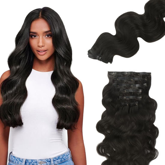 Picture of Lashey Seamless Clip in Hair Extensions Human Hair 7pcs 110g Body Wave Clip in Hair Extensions 16 Inch Natural Black Hair Extensions Clip Ins with Invisi Edge