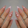 Picture of Pink French Tip Press on Nails Heart Fake Nails with Gold Line Design Love Glue on Nails Glossy Acrylic Full Cover Nude Pink Stick on Nails Medium Stiletto False Nails for Women Manicure
