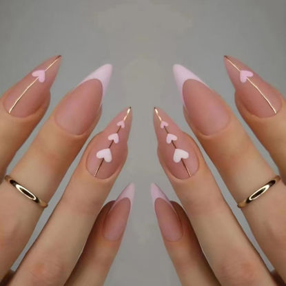 Picture of Pink French Tip Press on Nails Heart Fake Nails with Gold Line Design Love Glue on Nails Glossy Acrylic Full Cover Nude Pink Stick on Nails Medium Stiletto False Nails for Women Manicure