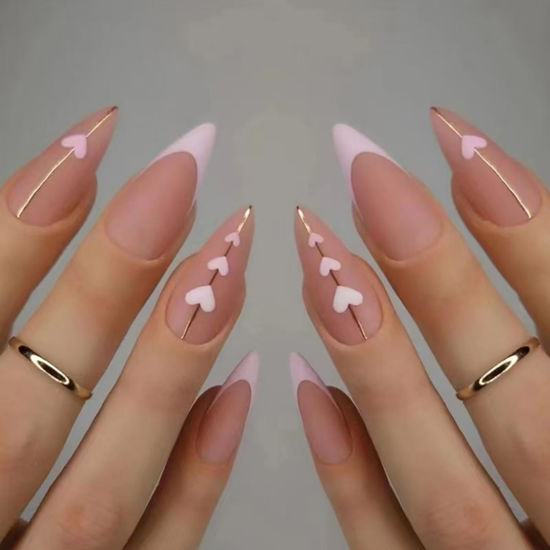 Picture of Pink French Tip Press on Nails Heart Fake Nails with Gold Line Design Love Glue on Nails Glossy Acrylic Full Cover Nude Pink Stick on Nails Medium Stiletto False Nails for Women Manicure