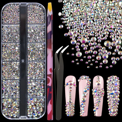 Picture of 6 Sizes AB Glass Crystal Kit with Pickup Pen + Tweezer Tools for Iridescent Shine Nail Art Manicure Makeup DIY Decoration Flatback Round Rhinestone Gem Jewelry Diamond