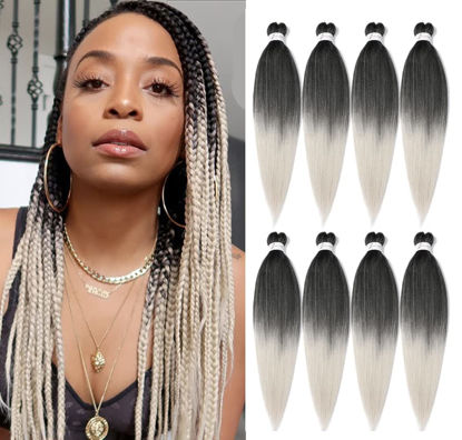 Picture of Pre Stretched Braiding Hair Grey 24 Inch 8 Packs White Braiding Hair Pre Stretched Yaki Texture, Hot Water Setting, Easy To Install Professional Synthetic Ombre Braiding Hair(24in,1B/Silver)