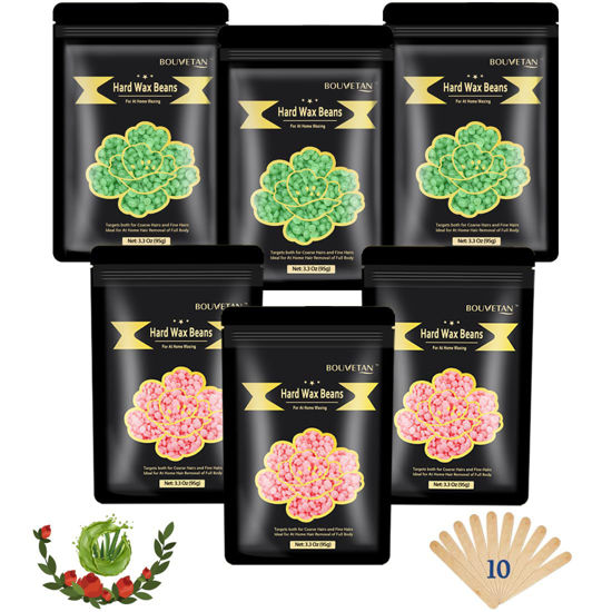 Picture of Wax Beads for Hair Removal, Bouvetan 1.3Lb/21oz Hard Wax Beans for Brazilian Waxing, Hard Wax for Eyebrow, Face, Bikini, Legs, Arms for Women Men Hair Removal with 10pcs Wax Spatulas, 6 Packs