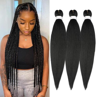 Picture of Braiding Hair Pre Stretched 24 inch 3 Packs Natural Black Easy Braid Synthetic Professional Soft Yaki Texture, No Itch, Hot Water Setting Hair Extensions for Braids (24in,1B#)