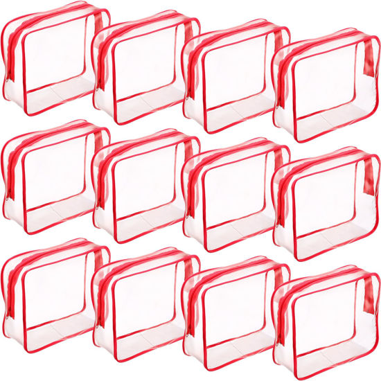 Picture of Weewooday 12 Pieces Clear Cosmetics Bag PVC Zippered Clear Toiletry Carry Pouch Cosmetic Makeup Bag Waterproof Makeup Bag Vinyl Plastic Organizer Case for Vacation Bathroom(Medium,Red)