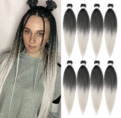 Picture of 8 Packs Pre Stretched Braiding Hair, 20 Inch Braiding Hair Pre Stretched Yaki Texture, Hot Water Setting, Easy To Install Professional Synthetic Ombre Braiding Hair(20in,1B/Silver)