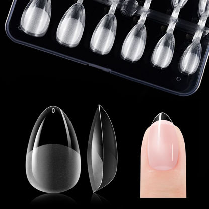 Picture of Gelike ec EXTRA Short Almond Nail Tips: 120PCS Soft Gel Tips for Full Cover Gel X Nail Tips Pre Etched - PMMA Resin Clear False Nails 12 Sizes