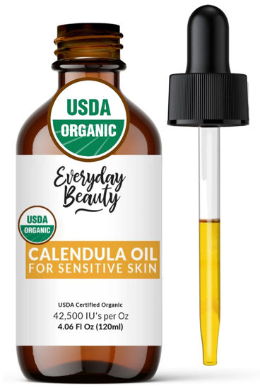 Picture of Organic Calendula Oil For Sensitive Skin - USDA Certified 100% Plant Based, Lightweight & Unscented Gentle Soothing Oil For Sensitive Skin - For Face, All Over - Large 4.06 Fl Oz Glass & Dropper