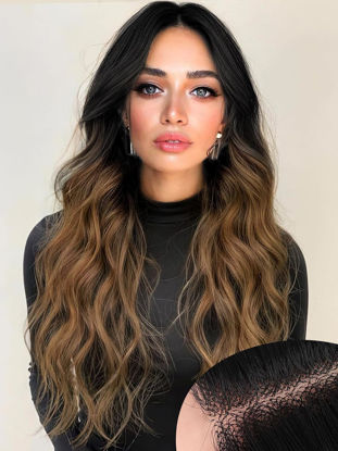 Picture of AISI HAIR Brown Wig for Women, Long Wavy Black To Brown Lace Hairline Wig, 26 Inch Middle Part Synthetic Heat Resistant Wig for Daily Party
