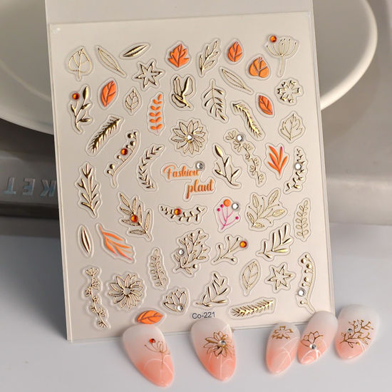 Picture of 5D Embossed Fall Nail Art Stickers Leaf Nail Stickers Gold Plant Maple Leaf Nail Decals with Rhinestone Designs Self-Adhesive Autumn Nail Supplies for Women Girls Acrylic Nails DIY Manicure