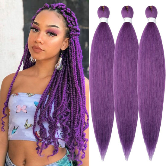 Picture of Purple Braiding Hair Pre Stretched 26inch 3 Packs Braiding hair Extensions Synthetic Crochet Braids, Hot Water Setting Professional Soft Yaki Texture. (26inch(3Packs),Lavender#)