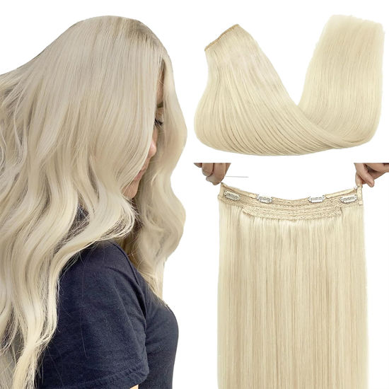 Picture of GOO GOO Wire Hair Extensions Human Hair, 60C Platinum Blonde 12inch 70g, Invisible Wire Hair Extensions with Transparent, Seamless Fish Line Hairpiece
