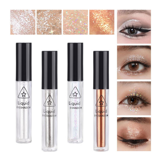 Picture of 4Pcs Liquid Glitter Eyeshadow Eyeliner Kit Set for Korean Makeup, Sparkling Shimmer Metallic Eye Glitter Sequins for Under Eye Tear-Drop Make Up, Quick-Dry Loose Glitter Glue for Crystal Mermaid Looks