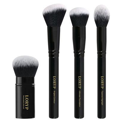 Picture of LORYP 4 Pcs Full Face Professional Makeup Brushes Set with Retractable Kabuki Airbrush For Powder,Liquid,Cream,Angled Blush Brush, Foundation Brush, Tapered Highlight Brush