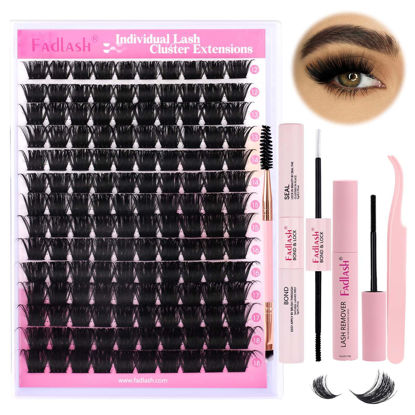Picture of FADLASH DIY Lash Extension Kit Individual Lashes Cluster D Curl Eyelash Extension Kit D Curl Lash Clusters Lash Applicator Tool for Self Application at Home(KIT 200D-D-12-18mm)