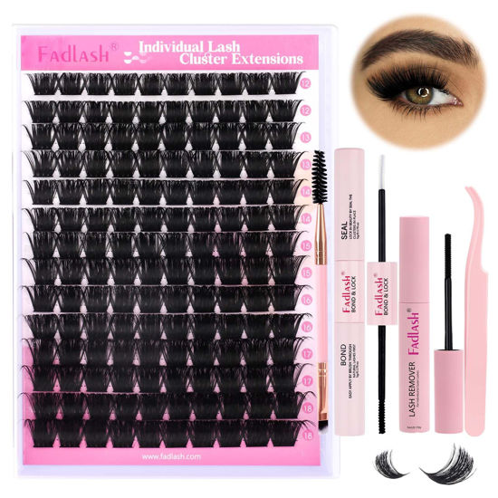 Picture of FADLASH DIY Lash Extension Kit Individual Lashes Cluster D Curl Eyelash Extension Kit D Curl Lash Clusters Lash Applicator Tool for Self Application at Home(KIT 200D-D-12-18mm)