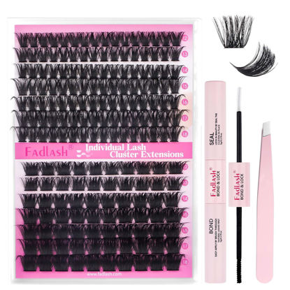 Picture of FADLASH Lash Extension DIY Kit Volume Fluffy Lash Clusters D Curl Cluster Lashes with Lash Bond and Seal Lash Tweezers for DIY Eyelash Extension at Home for Self Use（Kit 100D+200D-0.07D-12-18MIX）