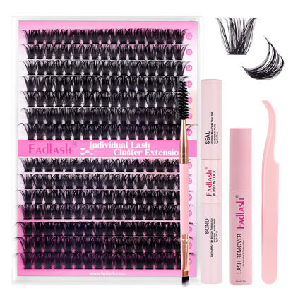 Picture of FADLASH DIY Lash Extension Kit Individual Lashes Cluster D Curl Eyelash Extension Kit D Curl Lash Clusters Lash Applicator Tool for Self Application at Home(KIT 80D+100D-D-12-18mm)