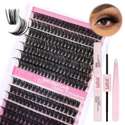 Picture of FADLASH Lash Extension DIY Kit Volume Fluffy Lash Clusters D Curl Cluster Lashes with Lash Bond and Seal Lash Tweezers for DIY Eyelash Extension at Home for Self Use（Kit 60D+80D-0.07D-12-18MIX）