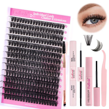 Picture of FADLASH DIY Lash Extension Kit Individual Lashes Cluster D Curl Eyelash Extension Kit D Curl Lash Clusters and Lash Applicator Tool for Self Application at Home(KIT 60D-D-12-18mm)