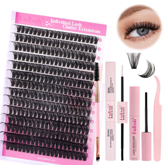 Picture of FADLASH DIY Lash Extension Kit Individual Lashes Cluster D Curl Eyelash Extension Kit D Curl Lash Clusters and Lash Applicator Tool for Self Application at Home(KIT 60D-D-12-18mm)