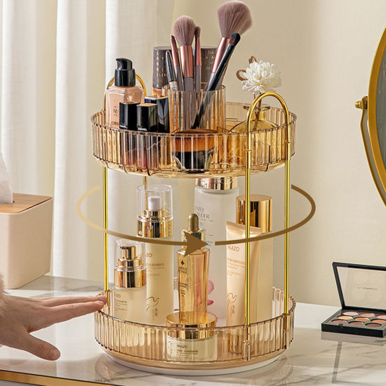 Picture of Aveniee 360 Rotating Makeup Organizer for Vanity, Upagraded Perfume Skincare Bathroom Counter Organizers with Brush Divider, Two Tier Spinning Lipstick Cosmetic Makeup Lotion Storage Organizer(Gold)
