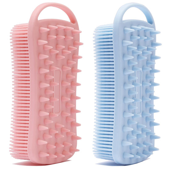 Picture of 2 PC Silicone Exfoliating Body Scrubber, 2 in 1 Silicone Body Shampoo Brush, Soft Silicone Loofah for Sensitive Skin, Shower Silicone Hair Scalp Massager, Easy to Clean, Lather Well (Pink&Blue)