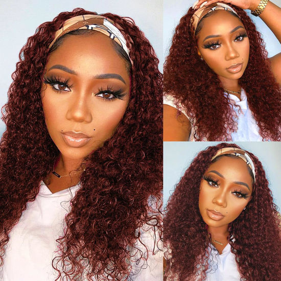 Picture of Celiarita Deep Wave Headband Wig Human Hair 18 Inch Reddish Brown Machine Made None Lace Front Wig 33# Red Brown Brazilian Virgin Glueless Wear and Go Curly Headband Half Wigs for Black Women…