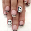 Picture of Halloween Press on Nails Short Square Fake Nails White French Tip Nails Press ons Glossy Glue on Nails Halloween False Nails with Ghost Mummy Designs Nude Stick on Nails for Women Girls 24 Pcs