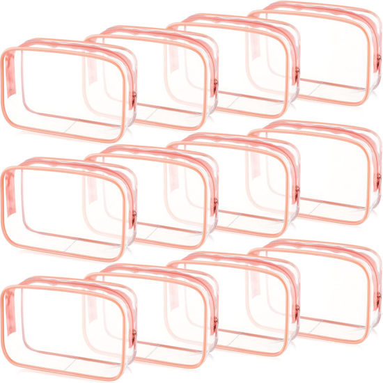 Picture of Weewooday 12 Pieces Clear Cosmetics Bag PVC Zippered Clear Toiletry Carry Pouch Cosmetic Makeup Bag Waterproof Makeup Vinyl Plastic Organizer Case for Vacation Bathroom(Pink,Medium)