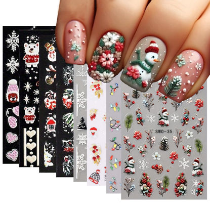 Picture of 8 Sheets 5D Christmas Nail Art Stickers Self-Adhesive Embossed Cute Santa Claus Reindeer Xmas Tree Designs Cartoon DIY Xmas Nail Art Stickers Decals Christmas Nail Supplies for Women Nails Art Decor