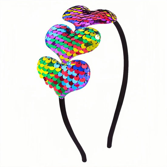 Picture of Valentines Day Heart Headband Colorful Sequins Hair Band ,3 Glitter Love Hearts Hair Accessories for Women Girls Kids, Birthday New Year Wedding Party Costumes Headdress Decoration Hair Hoop 1 Pcs