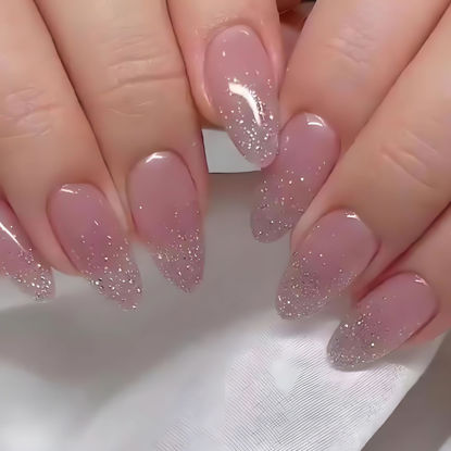 Picture of Glossy Pink Press on Nails Almond Medium Fake Nails with Glitter Designs, LPOODDNU Gradient Pink Glue on Nails Full Cover False Nails Exquisite Acrylic Stick on Nails, 24Pcs