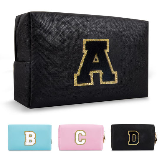 Picture of Personalized Initial A-Z Preppy Patch Makeup Bag,Small PU Chenille Letter Cosmetic Bag with Zipper for Teen Girls,Black Cute Toiletry Organizer Bag,Monogram Makeup Case Gift for Women Girls,Letter A