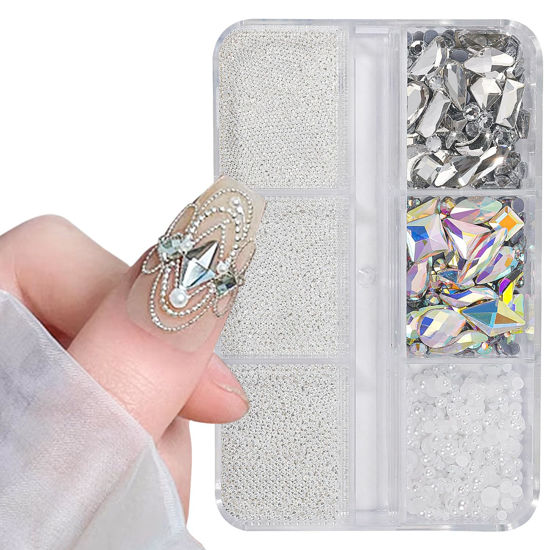 Picture of 3D Nail Art Charms Silver Nail Micro Caviar Beads Rhinestones for Acrylic Nails Mix Size Multishape AB Nail Rhinestones Nail Crystal Studs Flatback Pearl Kit for Nail DIY Craft Decoration