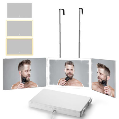Picture of Vanexiss Rechargeable 3 Way Mirror for Hair Cutting, Real Glass Adjustable Trifold Mirror with 3 Color Temps LED Light & Telescoping Hooks for Makeup, Shaving & Styling(White)
