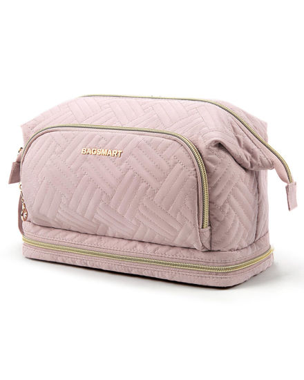 Picture of BAGSMART Travel Makeup Bag, Cosmetic Bag Make Up Organizer Case, Dorm Room Essentials Large Wide-open Pouch Women Travel Essentials Double Layers Purse for Toiletries Accessories Brushes Pink