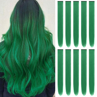Picture of TOFAFA 22 inch Colored Hair Extensions, Multi-colors Party Highlights Clip in Synthetic Hair Extensions, Color Party Highlights Hairpieces for Girls Women Kids Favor Gift(10 PCS Dark Green)
