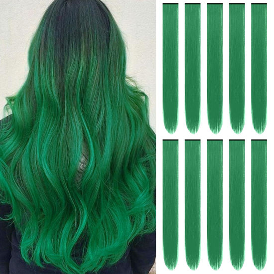 Picture of TOFAFA 22 inch Colored Hair Extensions, Multi-colors Party Highlights Clip in Synthetic Hair Extensions, Color Party Highlights Hairpieces for Girls Women Kids Favor Gift(10 PCS Dark Green)