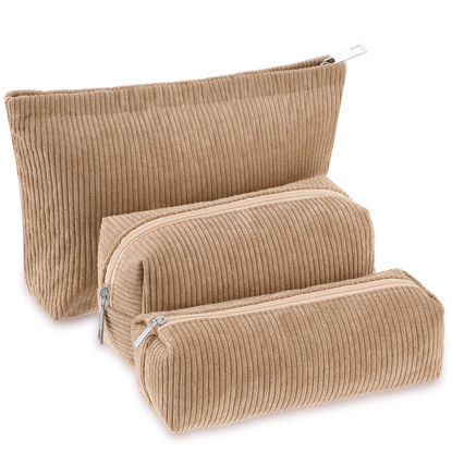 Picture of Huhumy 3 Pcs Makeup Bag Set Corduroy Cosmetic Bag for Women Aesthetic Smile Travel Toiletry Bag Cute Purse Pouch Pencil Case Makeup Brushes Storage Bag Organizer with Zipper(Khaki,Solid Style)