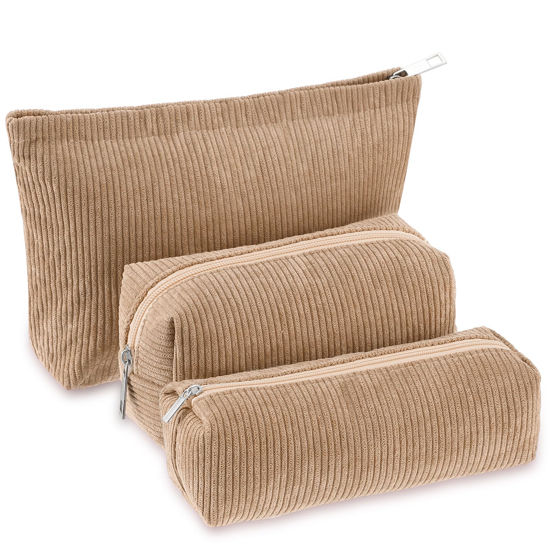 Picture of Huhumy 3 Pcs Makeup Bag Set Corduroy Cosmetic Bag for Women Aesthetic Smile Travel Toiletry Bag Cute Purse Pouch Pencil Case Makeup Brushes Storage Bag Organizer with Zipper(Khaki,Solid Style)