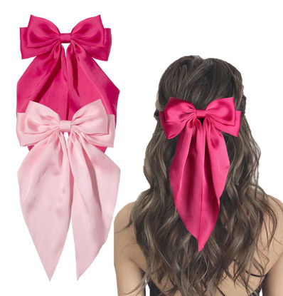 Picture of Furling Pompoms Hair Bows Clip, Hot Pink Bow for Women's Hair - 2 Pack, Elegant Satin Bow Hair Accessories for Birthday, Wedding, Holidays