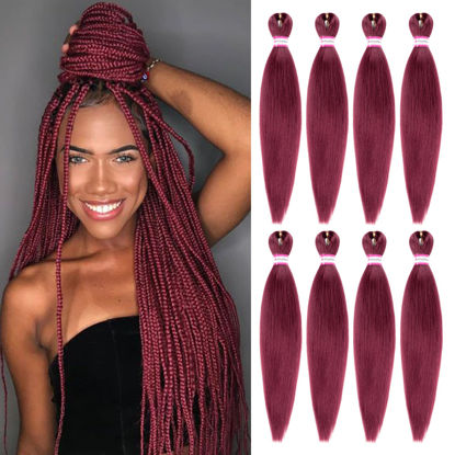 Picture of Burgundy Braiding Hair Pre Stretched 20 Inch 8 Packs Braiding Hair Extensions for Crochet Box Braids Twists Locs Hair Itch Free Soft Yaki Texture Hot Water Setting (20inch,#Burgundy)