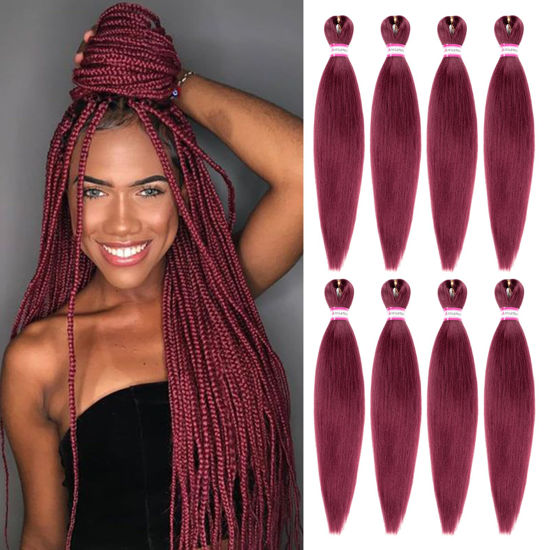Picture of Burgundy Braiding Hair Pre Stretched 20 Inch 8 Packs Braiding Hair Extensions for Crochet Box Braids Twists Locs Hair Itch Free Soft Yaki Texture Hot Water Setting (20inch,#Burgundy)