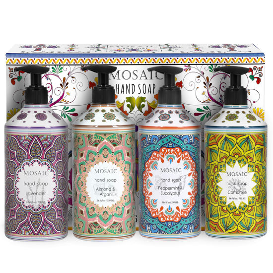 Picture of AnatoliaDaphne Mosaic Liquid Hand Soap/Wash Gift Set, Ideal Bathroom Kitchen Hand Soap Set,Lavender + Almond & Argan + Peppermint & Eucalyptus + Camomile, 4 x 24.6 fl oz Each Liquid Soap Bottle