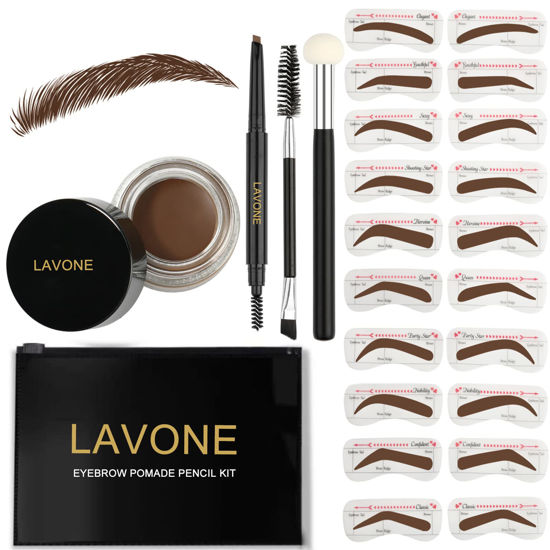 Picture of LAVONE Eyebrow Stamp Stencil Kit for Eyebrows, Brow Stamp Trio Kit with Waterproof Eyebrow Pencil, Eyebrow Pomade, 20 Eyebrow Stencils, Dual-ended Eyebrow Brush and Sponge Applicator - Chocolate