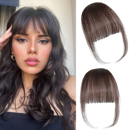 Picture of ELEFOCUS Clip in Bangs 100% Real Human Hair Extensions Wispy Dark Brown Fake Bangs Hair Clip on bangs for women Fringe with Temples Hairpieces Faux Bangs for Daily Wear