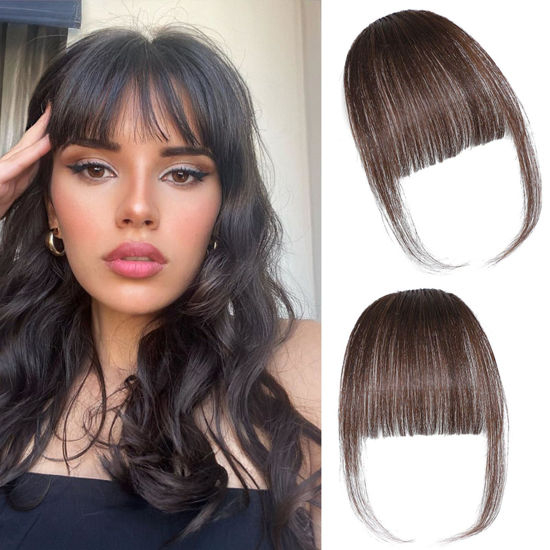 Picture of ELEFOCUS Clip in Bangs 100% Real Human Hair Extensions Wispy Dark Brown Fake Bangs Hair Clip on bangs for women Fringe with Temples Hairpieces Faux Bangs for Daily Wear