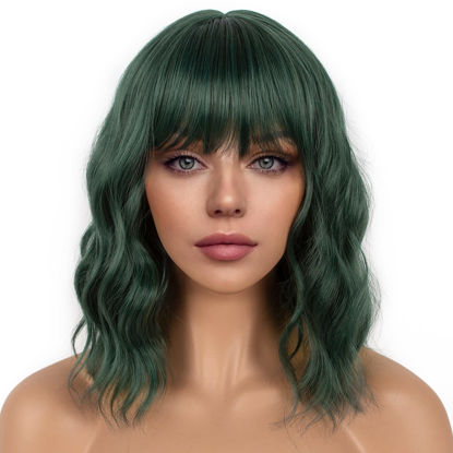 Picture of LANCAINI Dark Green Short Bob Wigs with Bangs for Women Loose Wavy Wig Curly Wavy Shoulder Length Bob Synthetic Cosplay Wig for Girl Colorful Costume Wigs