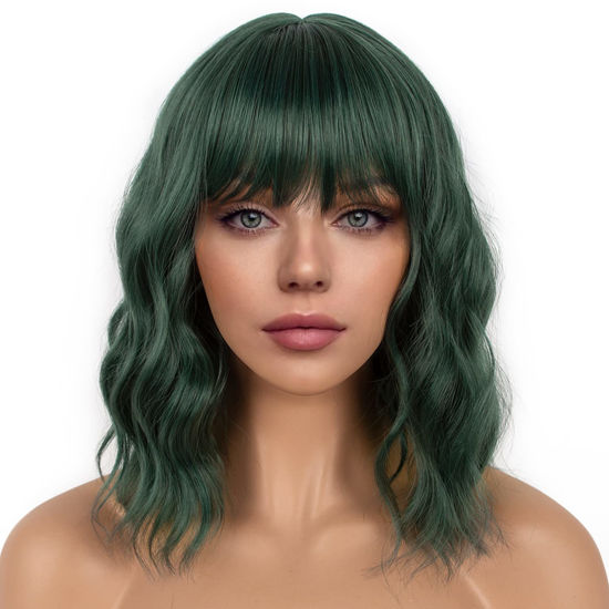 Picture of LANCAINI Dark Green Short Bob Wigs with Bangs for Women Loose Wavy Wig Curly Wavy Shoulder Length Bob Synthetic Cosplay Wig for Girl Colorful Costume Wigs